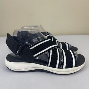 Clarks Cloudsteppers Mira Lily Black White Slingback Comfort Sandals Womens 7.5M